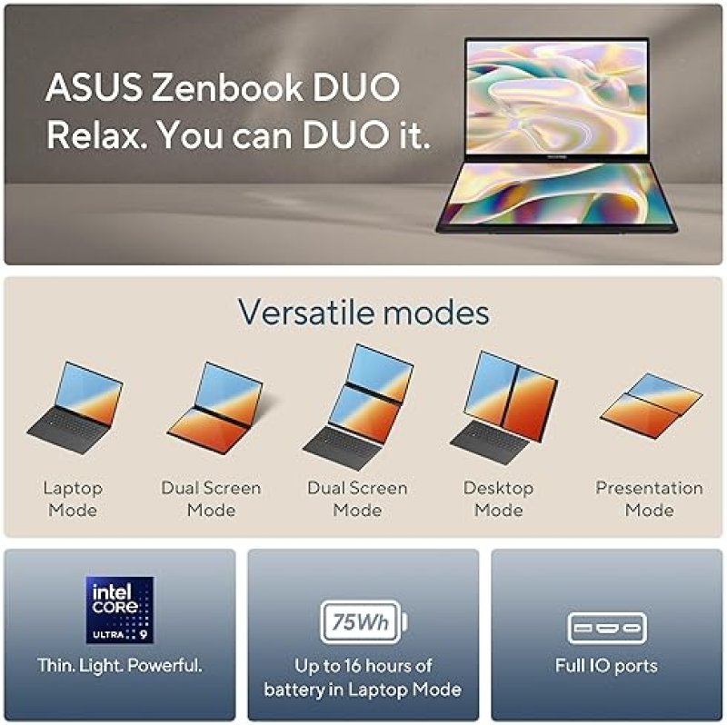 ASUS ZENBOOK DUO UX8406CA-PS99T LAPTOP - DUAL 14 OLED 3K 120HZ, INTEL CORE ULTRA 9, 32GB RAM, 1TB SS