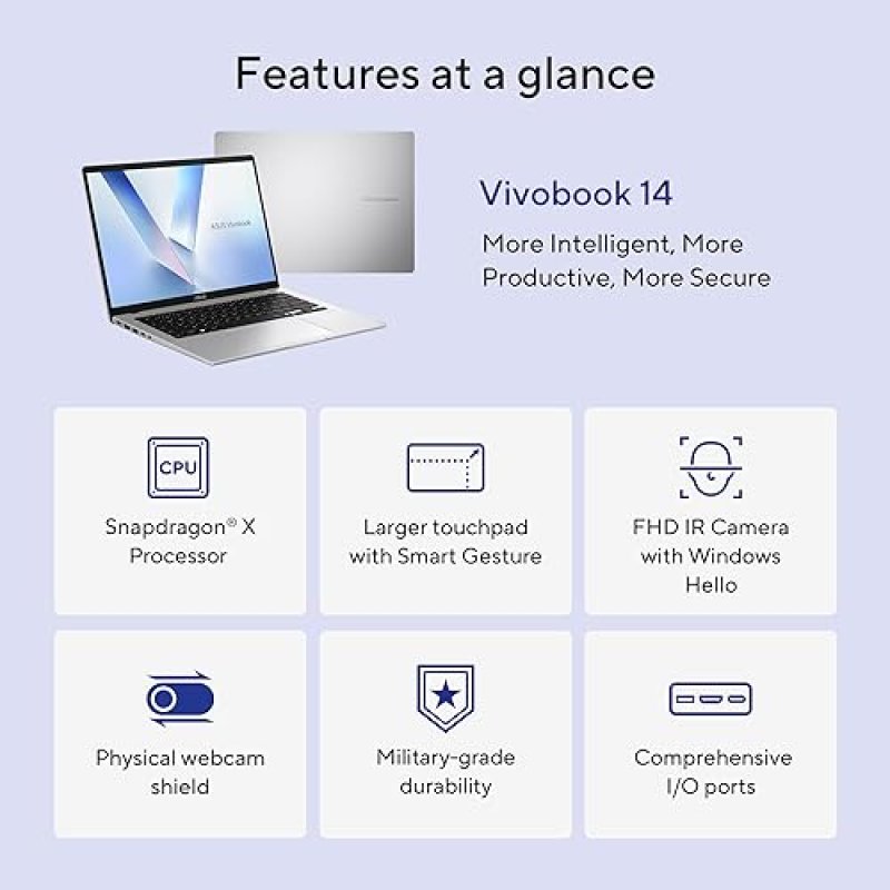ASUS VIVOBOOK 14 WUXGA LAPTOP, SNAPDRAGON CPU, 16GB RAM, 512GB SSD, WINDOWS 11, SILVER