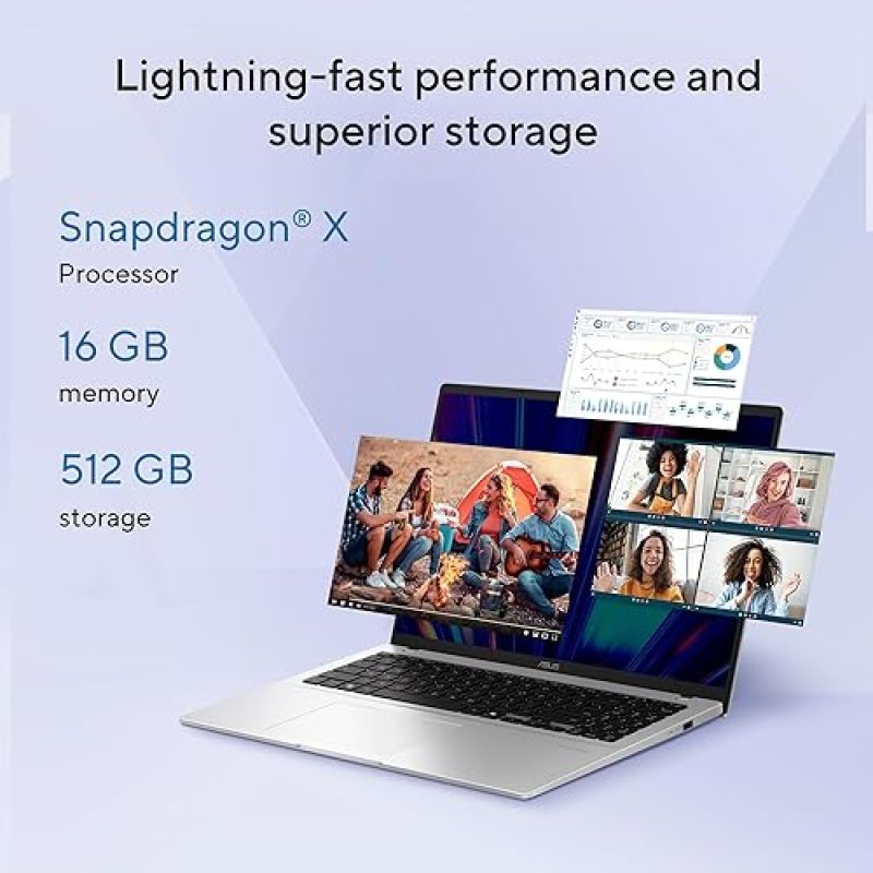 ASUS VIVOBOOK 14 WUXGA LAPTOP, SNAPDRAGON CPU, 16GB RAM, 512GB SSD, WINDOWS 11, SILVER