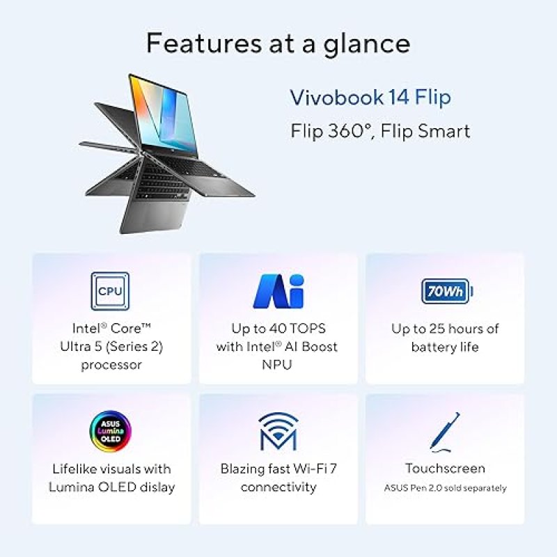ASUS VIVOBOOK 14 FLIP LAPTOP 14 OLED TOUCH, INTEL CORE ULTRA 5, 16GB RAM, 512GB SSD, WIN 11