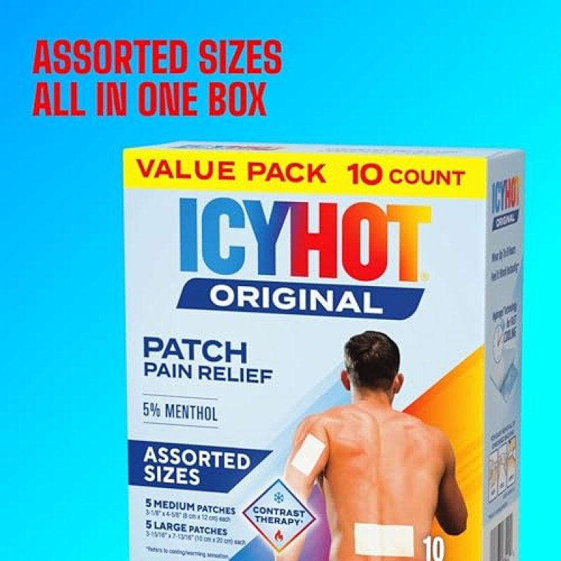 ICY HOT PAIN RELIEF PATCH VARIETY PACK 5 MENTHOL COOLING, 5 MEDIUM 5 LARGE, 10 CT