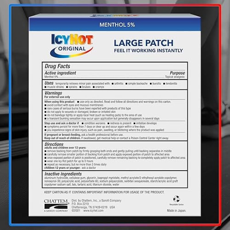 ICY HOT ORIGINAL LARGE PAIN RELIEF PATCHES 15 COUNT FOR BACK LARGE AREA PAIN RELIEF