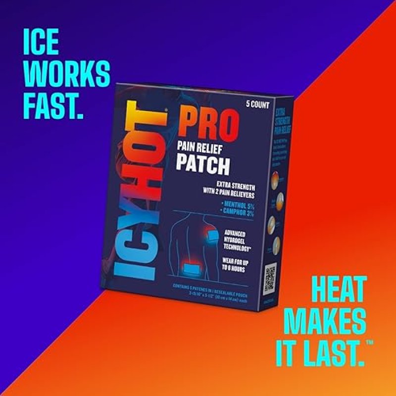 ICY HOT PRO NO-MESS PAIN RELIEF PATCHES WITH MENTHOL CAMPHOR, ADVANCED HYDROGEL, 5 CT