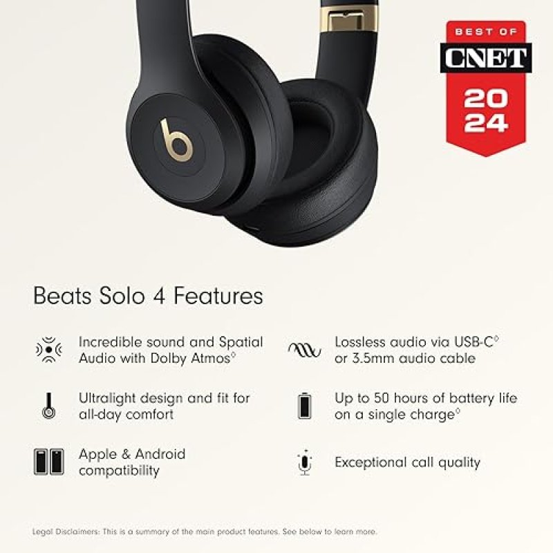 BEATS SOLO 4 WIRELESS BLUETOOTH ON-EAR HEADPHONES, BLACK GOLD, 50H BATTERY, APPLE ANDROID