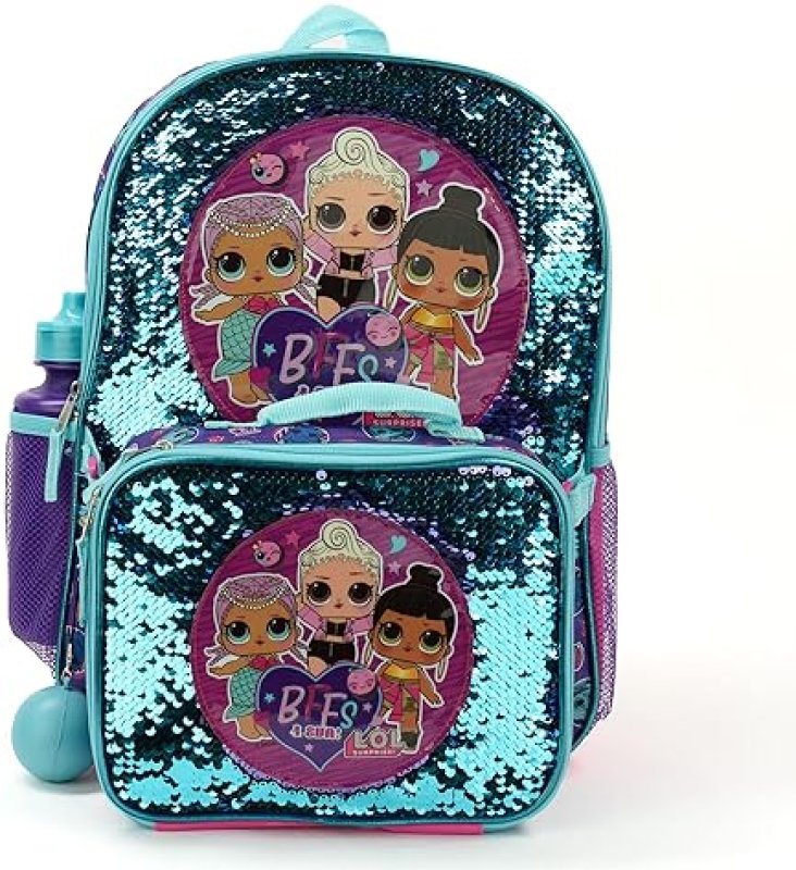 L.O.L. SURPRISE! GIRLS 4-PIECE FLIP SEQUIN 16 BACKPACK SET WITH FRONT ZIP POCKET - PURPLE TEAL
