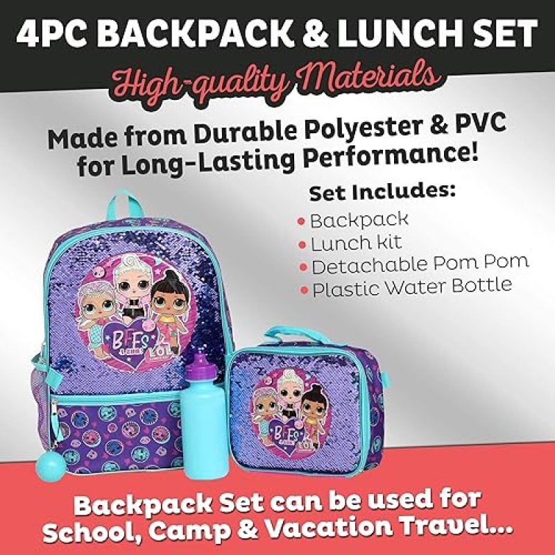 L.O.L. SURPRISE! GIRLS 4-PIECE FLIP SEQUIN 16 BACKPACK SET WITH FRONT ZIP POCKET - PURPLE TEAL