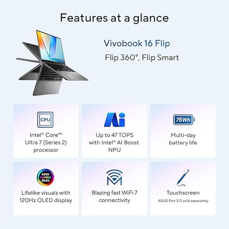 ASUS VIVOBOOK 16 FLIP LAPTOP 16 OLED 3K 120HZ TOUCH, INTEL CORE ULTRA 7, 16GB RAM, 512GB SSD