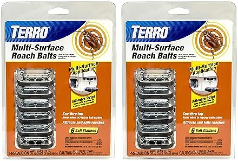 TERRO T500SR INDOOR ROACH BAIT STATIONS 12 MULTI-SURFACE ROACH KILLER STATIONS, BLACK