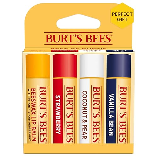 BURTS BEES NATURAL LIP BALM PACK BEESWAX, STRAWBERRY, COCONUT PEAR VANILLA, 4 TUBES 0.15 OZ