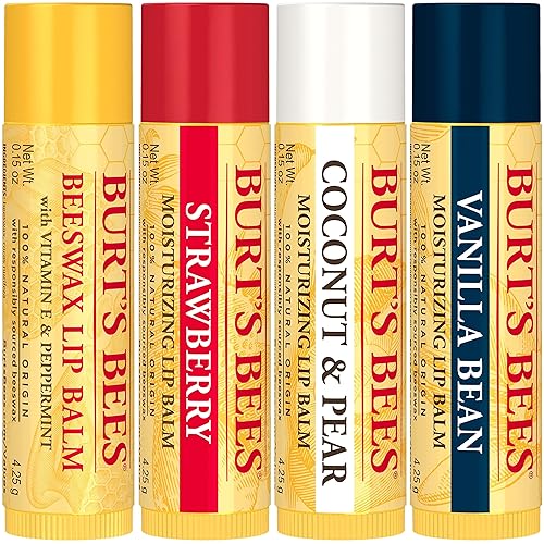 BURTS BEES NATURAL LIP BALM PACK BEESWAX, STRAWBERRY, COCONUT PEAR VANILLA, 4 TUBES 0.15 OZ