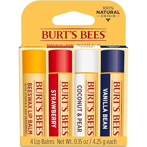 BURTS BEES NATURAL LIP BALM PACK BEESWAX, STRAWBERRY, COCONUT PEAR VANILLA, 4 TUBES 0.15 OZ