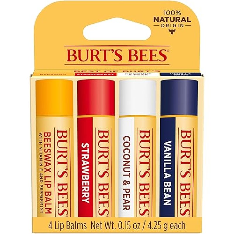 BURTS BEES NATURAL LIP BALM PACK BEESWAX, STRAWBERRY, COCONUT PEAR VANILLA, 4 TUBES 0.15 OZ