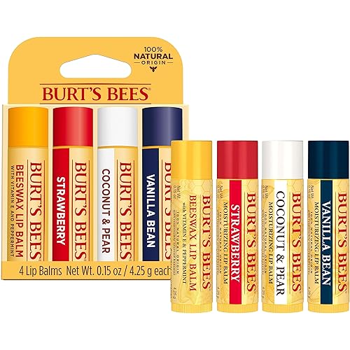 BURTS BEES NATURAL LIP BALM PACK BEESWAX, STRAWBERRY, COCONUT PEAR VANILLA, 4 TUBES 0.15 OZ