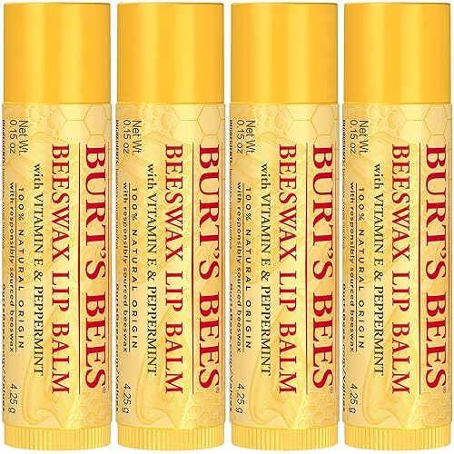 BURTS BEES ORIGINAL BEESWAX LIP BALM, NATURAL MOISTURIZER, TINT-FREE, 4 TUBES 0.15 OZ