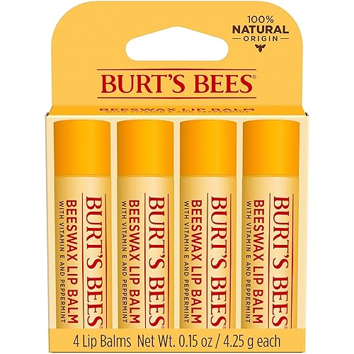 BURTS BEES ORIGINAL BEESWAX LIP BALM, NATURAL MOISTURIZER, TINT-FREE, 4 TUBES 0.15 OZ