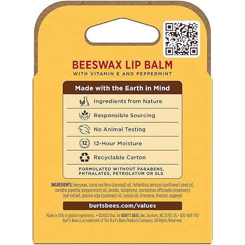 BURTS BEES ORIGINAL BEESWAX LIP BALM, NATURAL MOISTURIZER, TINT-FREE, 4 TUBES 0.15 OZ