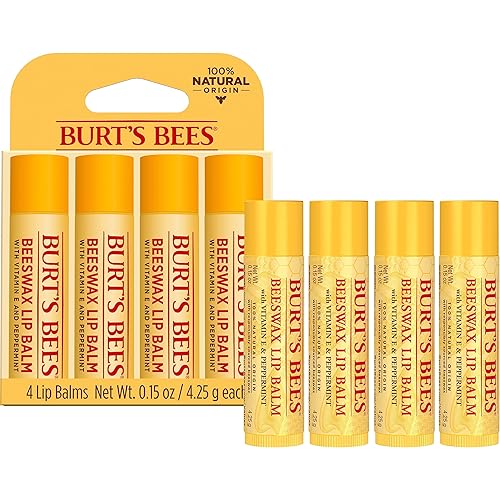 BURTS BEES ORIGINAL BEESWAX LIP BALM, NATURAL MOISTURIZER, TINT-FREE, 4 TUBES 0.15 OZ