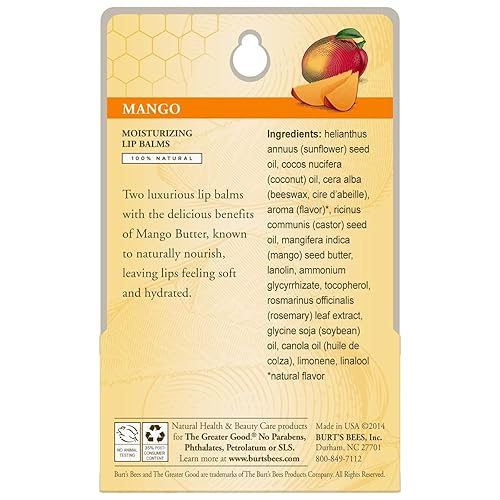 BURTS BEES MOISTURIZING MANGO LIP BALM 2-PACK, 0.15 OZ 4.25 G EACH HYDRATING LIP CARE BALM