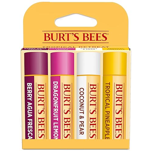 BURTS BEES NATURAL LIP BALM 4-PACK BERRY AGUA FRESCA, DRAGONFRUIT LEMON, COCONUT PEAR