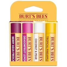 BURTS BEES NATURAL LIP BALM 4-PACK BERRY AGUA FRESCA, DRAGONFRUIT LEMON, COCONUT PEAR