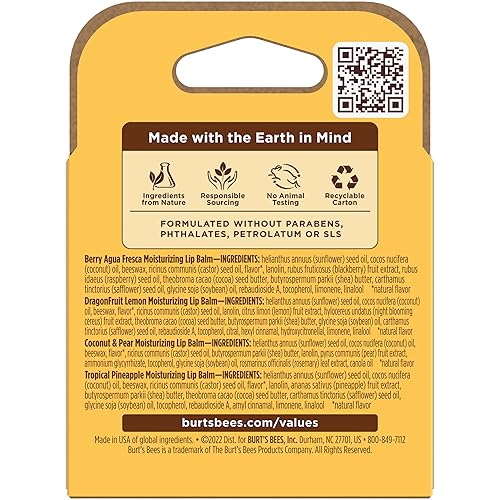 BURTS BEES NATURAL LIP BALM 4-PACK BERRY AGUA FRESCA, DRAGONFRUIT LEMON, COCONUT PEAR