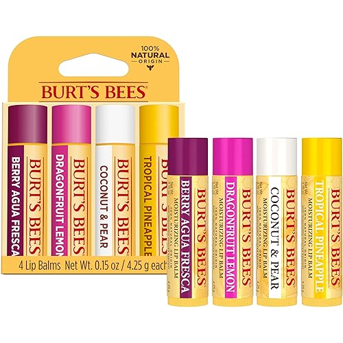 BURTS BEES NATURAL LIP BALM 4-PACK BERRY AGUA FRESCA, DRAGONFRUIT LEMON, COCONUT PEAR