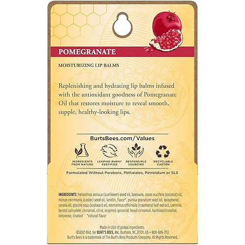 BURTS BEES POMEGRANATE LIP BALM, NATURAL MOISTURIZER WITH BEESWAX, TINT-FREE, 2 X 0.15 OZ