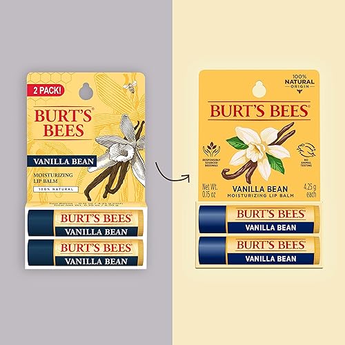 BURTS BEES VANILLA BEAN LIP BALM, NATURAL MOISTURIZER, TINT-FREE, 2 PACK, 0.15 OZ EACH
