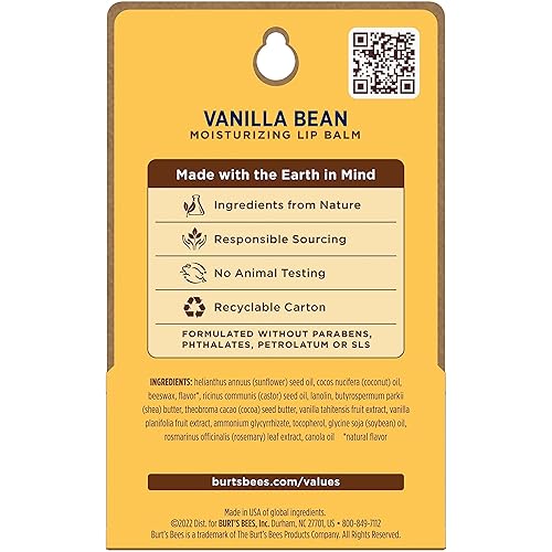BURTS BEES VANILLA BEAN LIP BALM, NATURAL MOISTURIZER, TINT-FREE, 2 PACK, 0.15 OZ EACH