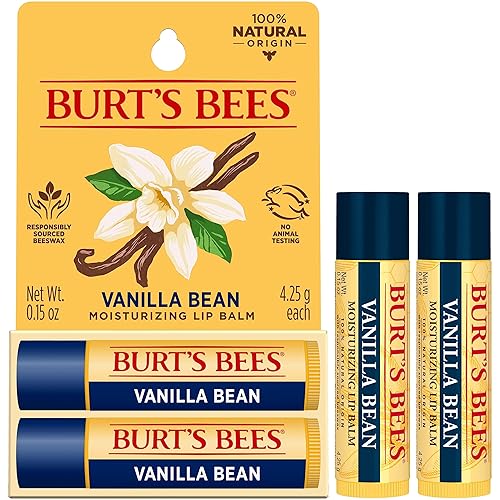 BURTS BEES VANILLA BEAN LIP BALM, NATURAL MOISTURIZER, TINT-FREE, 2 PACK, 0.15 OZ EACH