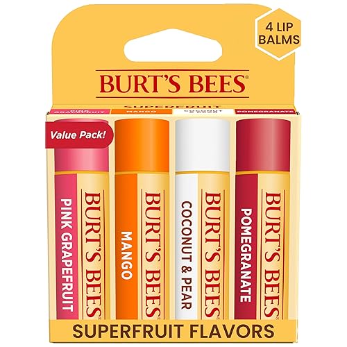BURTS BEES LIP BALM 4-PACK PINK GRAPEFRUIT, MANGO, COCONUT PEAR, POMEGRANATE, 0.15 OZ