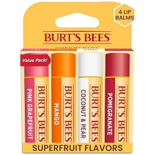 BURTS BEES LIP BALM 4-PACK PINK GRAPEFRUIT, MANGO, COCONUT PEAR, POMEGRANATE, 0.15 OZ