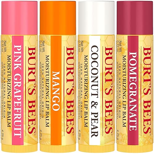 BURTS BEES LIP BALM 4-PACK PINK GRAPEFRUIT, MANGO, COCONUT PEAR, POMEGRANATE, 0.15 OZ