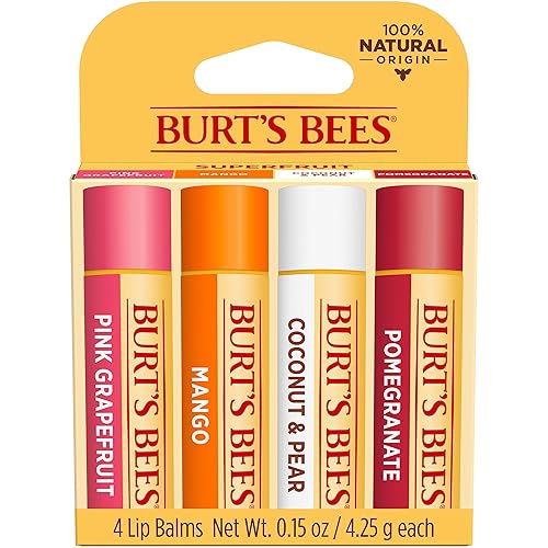 BURTS BEES LIP BALM 4-PACK PINK GRAPEFRUIT, MANGO, COCONUT PEAR, POMEGRANATE, 0.15 OZ
