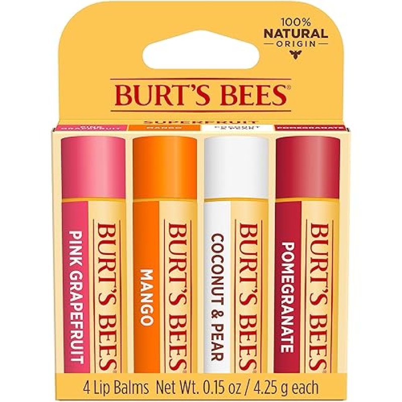 BURTS BEES LIP BALM 4-PACK PINK GRAPEFRUIT, MANGO, COCONUT PEAR, POMEGRANATE, 0.15 OZ