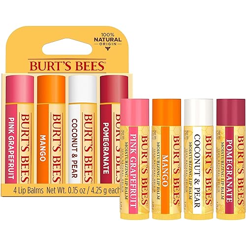 BURTS BEES LIP BALM 4-PACK PINK GRAPEFRUIT, MANGO, COCONUT PEAR, POMEGRANATE, 0.15 OZ