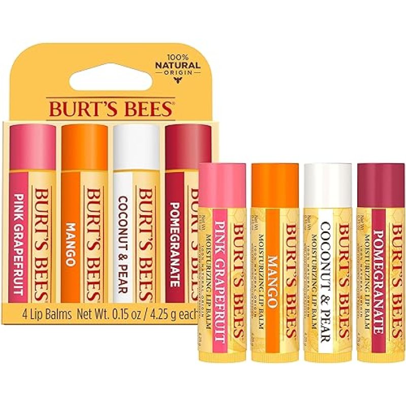 BURTS BEES LIP BALM 4-PACK PINK GRAPEFRUIT, MANGO, COCONUT PEAR, POMEGRANATE, 0.15 OZ