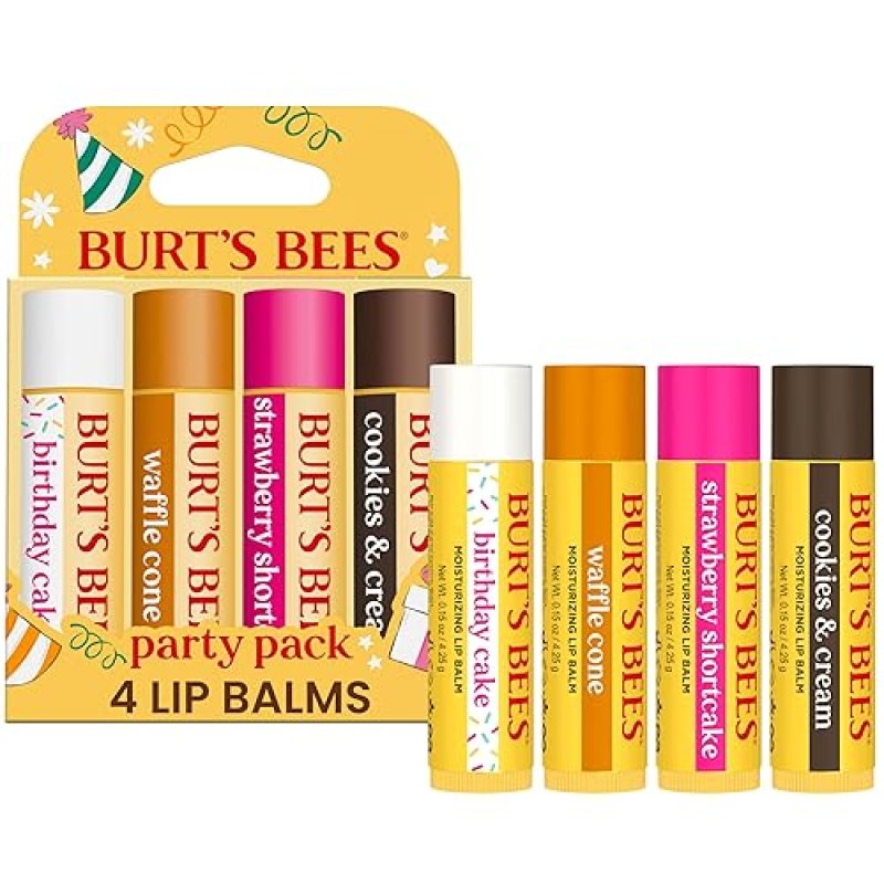 BURTS BEES LIP BALM PARTY PACK - 4 NATURAL, TINT-FREE FLAVORS, 0.15 OZ EACH