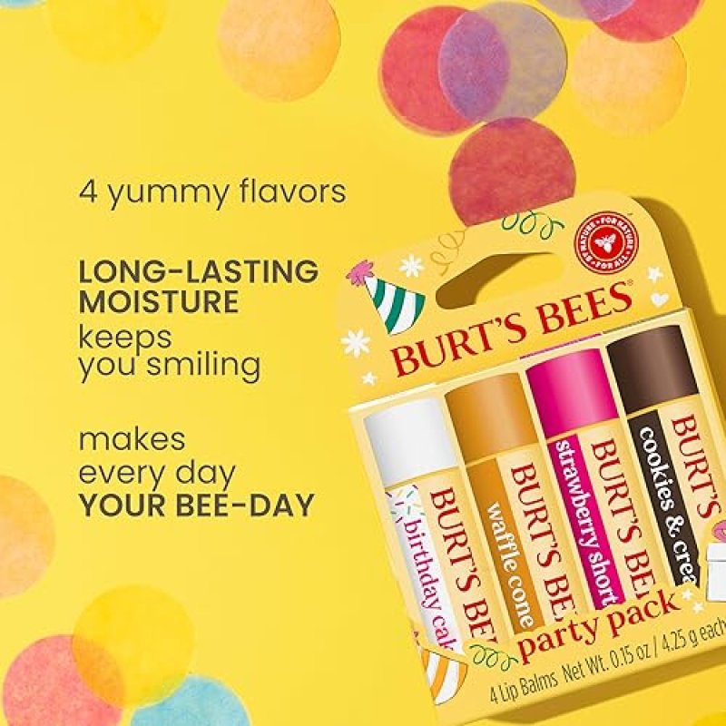 BURTS BEES LIP BALM PARTY PACK - 4 NATURAL, TINT-FREE FLAVORS, 0.15 OZ EACH