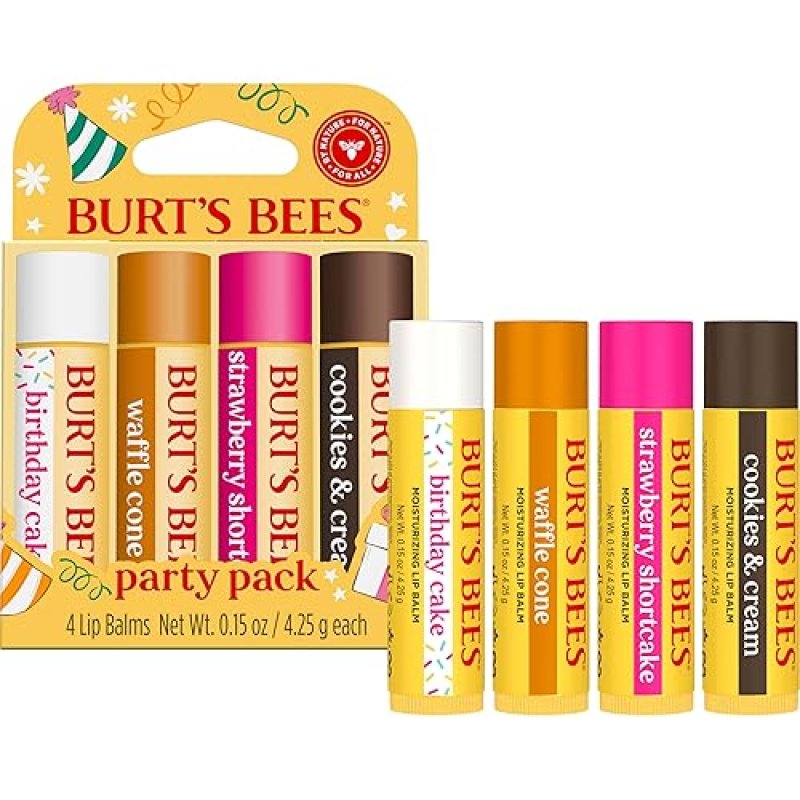 BURTS BEES LIP BALM PARTY PACK - 4 NATURAL, TINT-FREE FLAVORS, 0.15 OZ EACH