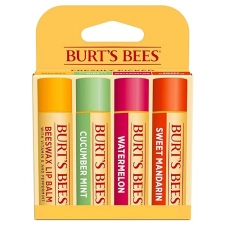 BURTS BEES LIP BALM 4-PACK - ORIGINAL BEESWAX, CUCUMBER MINT, WATERMELON MANDARIN, NATURAL