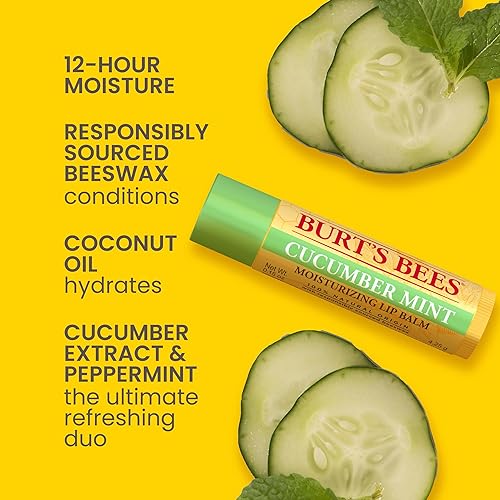 BURTS BEES LIP BALM 4-PACK - ORIGINAL BEESWAX, CUCUMBER MINT, WATERMELON MANDARIN, NATURAL