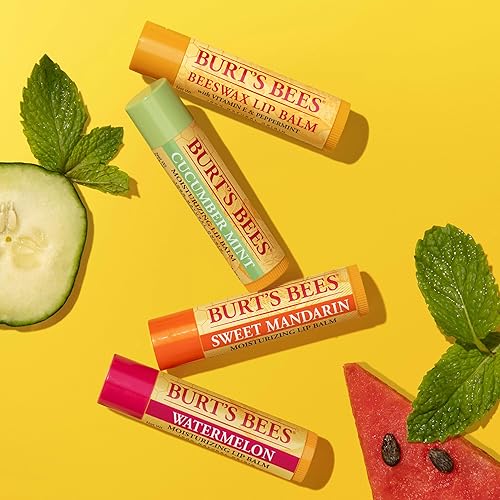 BURTS BEES LIP BALM 4-PACK - ORIGINAL BEESWAX, CUCUMBER MINT, WATERMELON MANDARIN, NATURAL