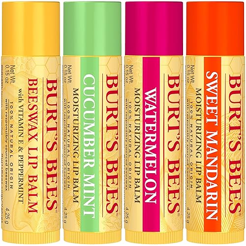 BURTS BEES LIP BALM 4-PACK - ORIGINAL BEESWAX, CUCUMBER MINT, WATERMELON MANDARIN, NATURAL