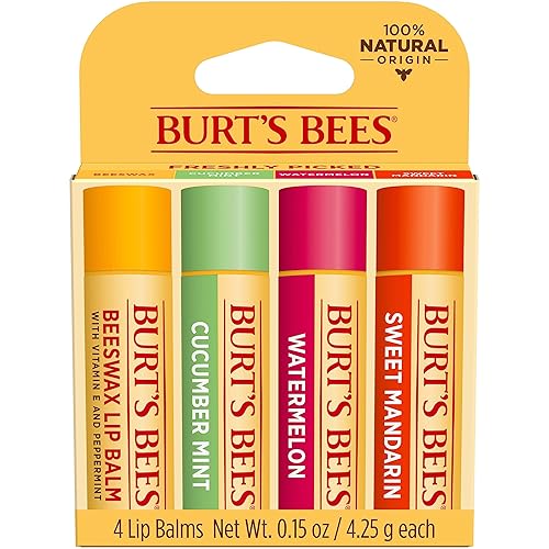 BURTS BEES LIP BALM 4-PACK - ORIGINAL BEESWAX, CUCUMBER MINT, WATERMELON MANDARIN, NATURAL