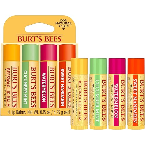 BURTS BEES LIP BALM 4-PACK - ORIGINAL BEESWAX, CUCUMBER MINT, WATERMELON MANDARIN, NATURAL