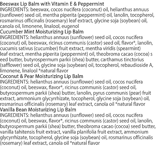 BURTS BEES LIP BALM 4-PACK BEESWAX, CUCUMBER MINT, COCONUT PEAR VANILLA BEAN, 0.15 OZ