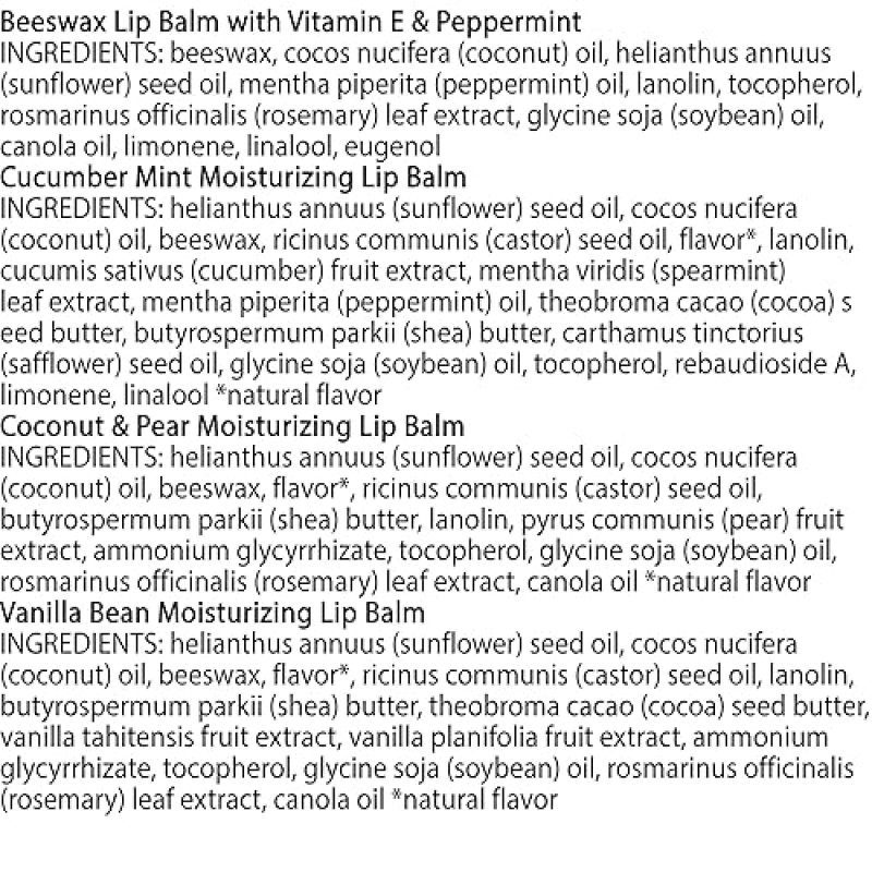 BURTS BEES LIP BALM 4-PACK BEESWAX, CUCUMBER MINT, COCONUT PEAR VANILLA BEAN, 0.15 OZ