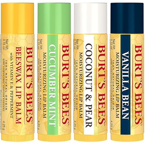 BURTS BEES LIP BALM 4-PACK BEESWAX, CUCUMBER MINT, COCONUT PEAR VANILLA BEAN, 0.15 OZ