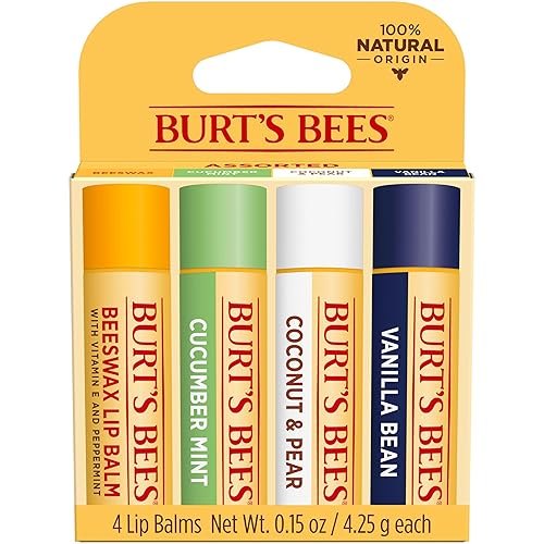 BURTS BEES LIP BALM 4-PACK BEESWAX, CUCUMBER MINT, COCONUT PEAR VANILLA BEAN, 0.15 OZ